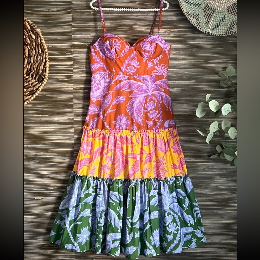 FARM Rio Tropical Colorblock Pineapple Floral Tiered Midi Dress Large - Picture 3 of 16
